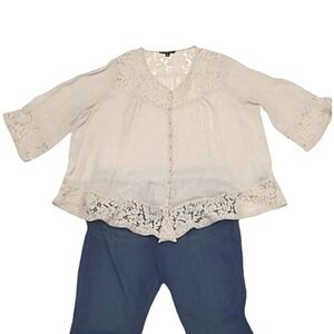 Zac & Rachel Bohemian Blouse Lacy V-Neck Bell Sleeves Button Down Sheer Boho Top